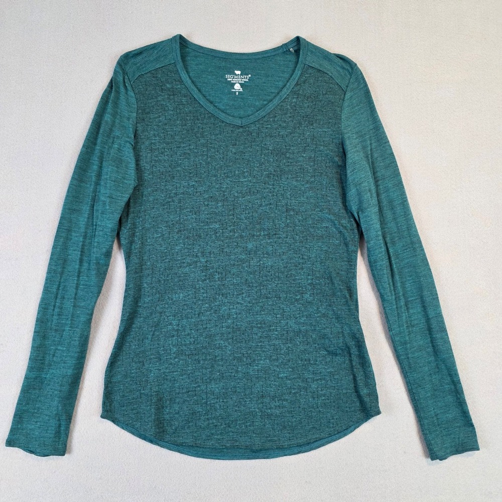 Segments Womens Teal Green 100% Merino Wool V-Neck Long Sleeve Base Layer Top Sm